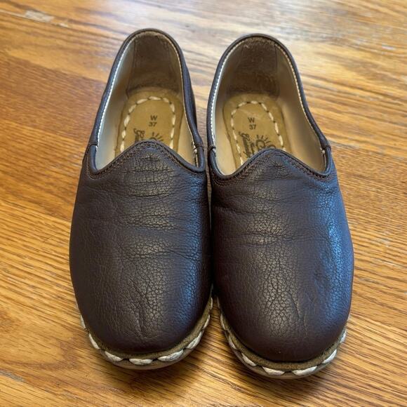 Sabah Size 37 US 6 6.5 Handmade Leather Flats Brown Pebbled Turkish - Picture 1 of 6